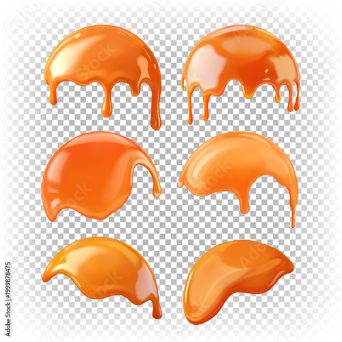 Liquid dripping caramel covering a ball shape. 3D realistic vector set isolated on a white transparent background.