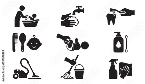 Childcare and daily household hygiene icons with childcare cleaning pictograms