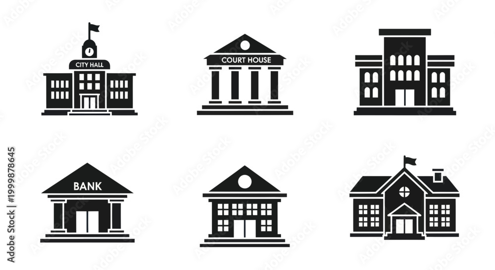 Naklejka premium Government Buildings Icons: City Hall, Courthouse, Bank, School, Public Office