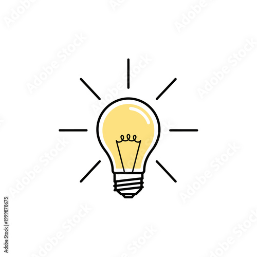 Bright idea light bulb glowing with radiating lines on white background