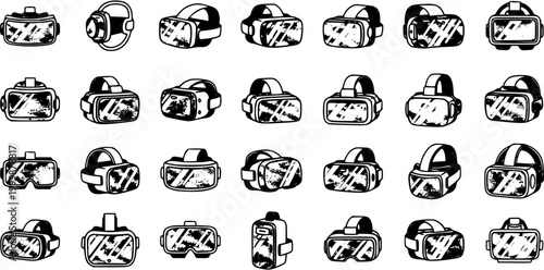 Vector Line Art Icons of Virtual Reality VR Headsets and Goggles, Technology Niche