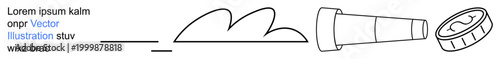 Vision, discovery, achievement, goal setting, searching, financial planning. Telescope pointed at a coin with abstract cloud shapes. Vision and discovery as main thematic concepts