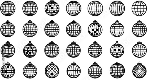 Obraz na plátne Black and White Line Art Disco Balls and Mirror Globes Icon Set for Music, Party, and Entertainment Industry Design