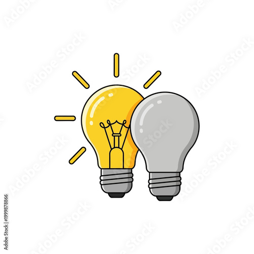 Bright Idea vs Dull Idea: Illuminated Lightbulb and Off Lightbulb