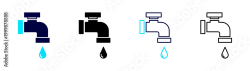 A set of four faucet icons, including solid black, colorful, and outline versions, all depicting a dripping tap, representing water conservation and plumbing services on a white background.