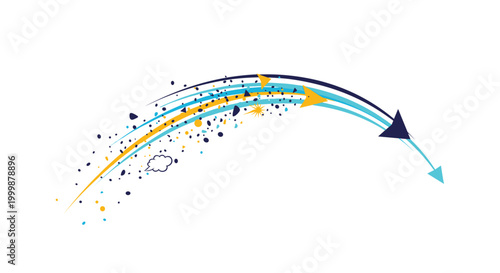 Dynamic abstract composition showing particles and arrows in an arc, symbolizing high speed motion and energy flow.