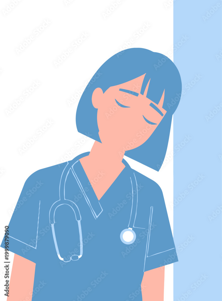 Fototapeta premium Exhausted healthcare professional with stethoscope rests against a wall, symbolizing burnout and dedication in the medical field