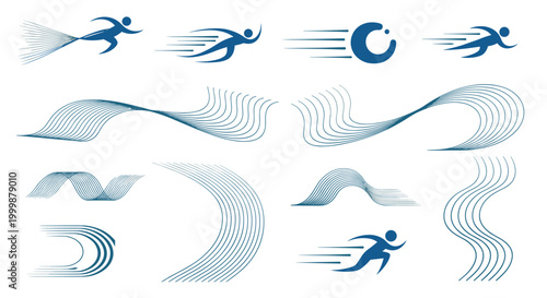 Graphic set of various speed lines, curved patterns, and stylized running athlete icons in a consistent blue style.
