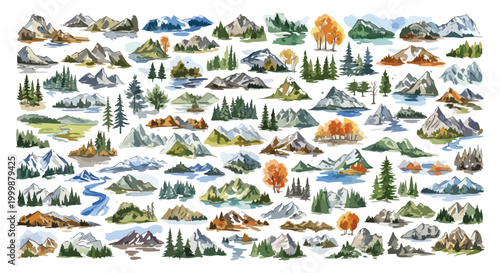 Watercolor mountain landscape elements, hand painted forest and peak collection, set of nature icons for map design and outdoor branding
