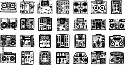 Black and White Line Art Icons of DJ Turntables, Mixers, and Boomboxes for Music Technology