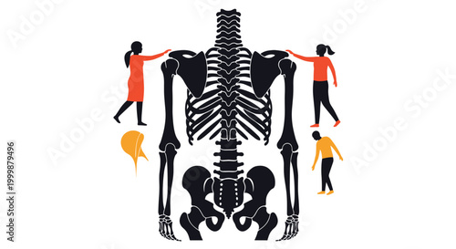 Abstract medical concept illustration featuring a giant human skeleton silhouette and people examining the bone structure.