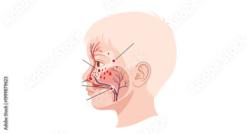 Detailed anatomical illustration of a child head showing the internal nasal structure and points of nose bleeding.