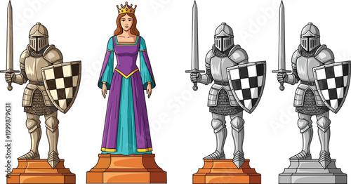 Canvas Print Medieval Knight and Queen Character Set with Armor Sword Shield and Royal Costume in Detailed Cartoon Style Vector Illustration for History and Fantasy Designs