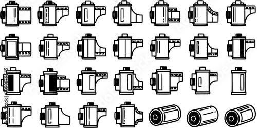 Photography Film Rolls Line Art Icons Set. Analog 35mm Camera Film Canisters and Unrolled Film Outline Glyphs. Retro Photo Negative Media Collection.