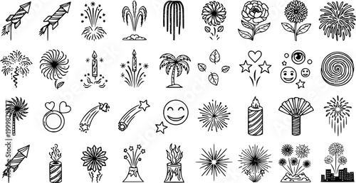 Celebration and Festival Black  White Line Art Doodle Icons. Event Decorative Elements, Fireworks, Candles, Flowers, and Party Glyphs Set.