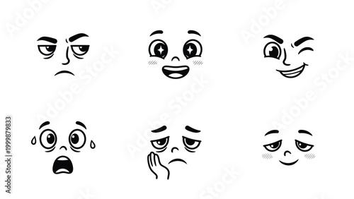 Cartoon Vector Facial Expressions Set Depicting Various Emotions and Moods