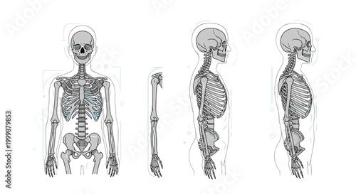 Comprehensive skeletal system diagram showing the human skeleton from front, back, and side profile viewpoints.
