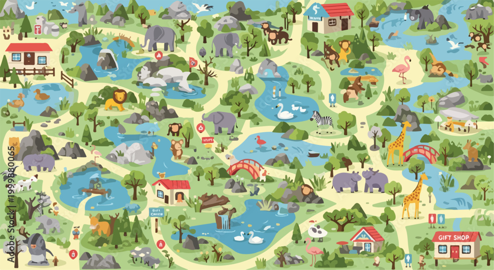 Fototapeta premium Cartoon Zoo Map Vector Illustration, Wildlife Safari Park with Exotic Animals and Enclosures, Educational Nature Reserve Landscape for Children