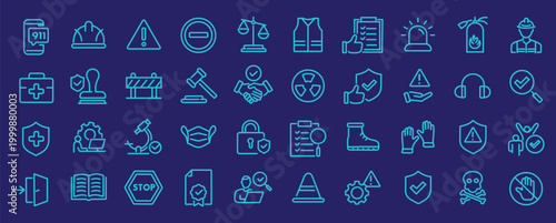 Work Safety web icons in line style. Protection, risk management, workplace security, insurance, health, hazard, helmet. Editable stroke. Vector illustration.