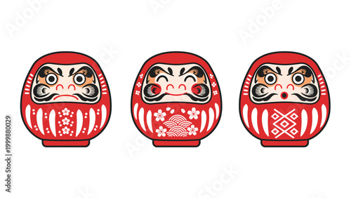 Japanese Daruma Dolls Vector Set. Three red good luck charms with different expressions and patterns, traditional cultural illustration.
