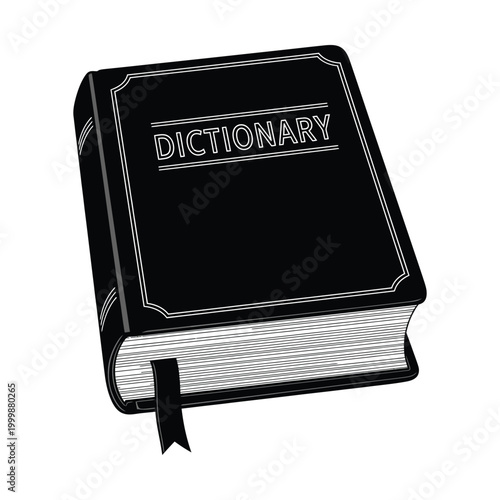 Black dictionary book vector illustration, classic hardcover reference encyclopedia with bookmark, vintage style academic vocabulary textbook for education and learning