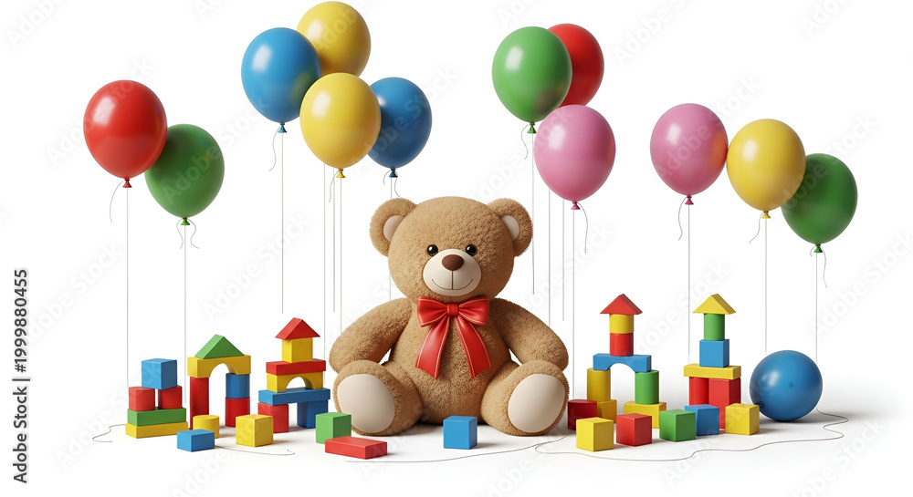 Obraz premium Cute teddy bear with colorful balloons and building blocks isolated on white background studio render