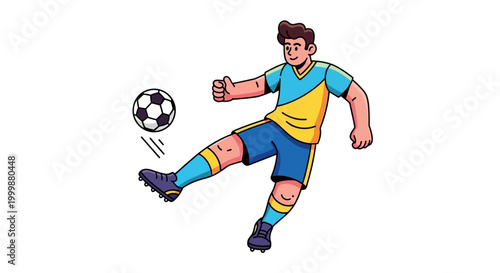 Cartoon human character in sporty outfit kicking soccer ball with energetic pose against simple clean white background.