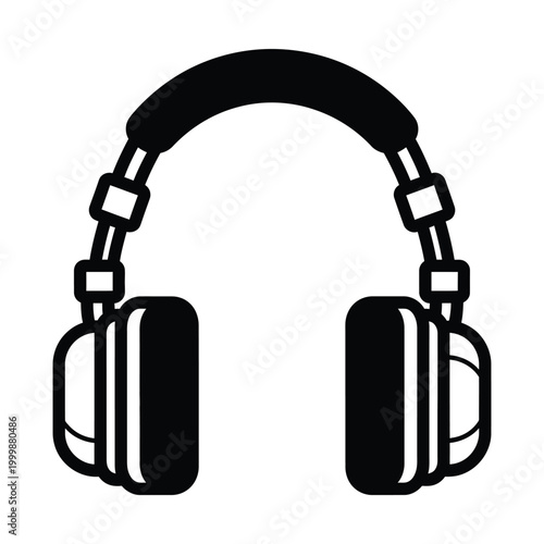 Minimalist headphones vector icon, black and white audio headset illustration, modern music equipment symbol for podcasting and gaming apps, professional studio earphone graphic