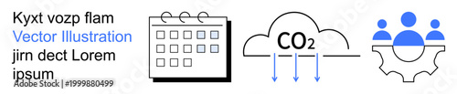 Corporate planning, environmental sustainability, teamwork, productivity improvement, climate action, business strategies. Calendar, CO2 cloud and teamwork gear. Environmental sustainability