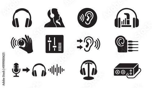 Konstfotografi Audio listening equipment and hearing sensory icons with headphones, microphone