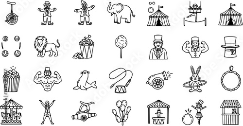 Black and White Line Art Circus Icons Set