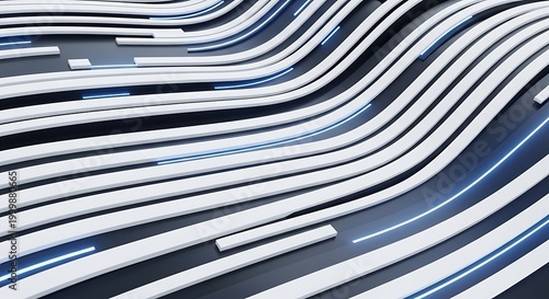 Dynamic arrangement of flowing white architectural ribbons illuminated by neon light accents