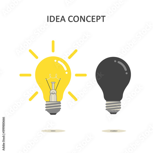 Illuminated light bulb next to dark bulb representing idea concept, creativity and innovation