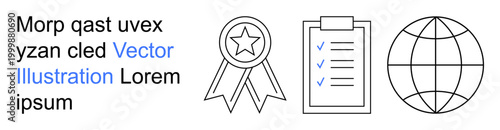 Quality assurance, global standards, task management, education, certification, process development. A badge, checklist with checkmarks and globe symbol. Quality assurance and global standards theme