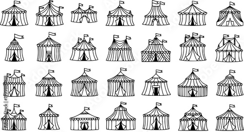 Circus Entertainment Tents Black and White Line Art Vector Icons Set. Hand Drawn Marquee Outlines and Canopies Collection for Funfair and Event Design.