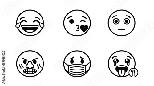 Outline Emoticon Icons Set with Diverse Emotions and States: Joy, Love, Anger, Sickness, Hunger & Neutral