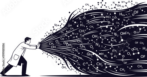 A dedicated scientist harnesses the dynamic torrent of chemical formulas and molecular data, illustrating the power of research in shaping scientific understanding and innovation