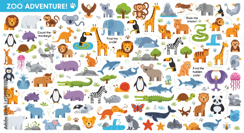 Zoo Adventure cartoon animal collection, cute wildlife character set for kids, colorful safari and jungle fauna vector illustration, educational zoo animals