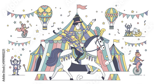 Circus performer on horse with animals and hot air balloons, festive tent background