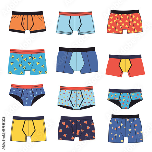 Collection of colorful patterned men's underwear, boxer briefs and briefs