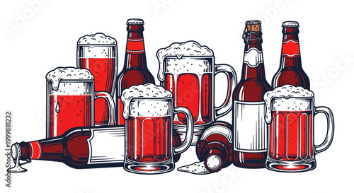 Craft Beer Collection: Bottles and Mugs with Frothy Head