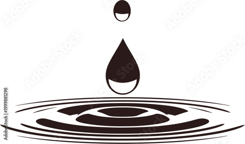 Abstract graphic illustration of a water droplet falling into water creating ripples on a white background