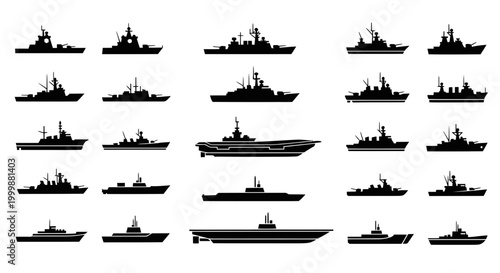 Naval Warships Silhouette Collection: Aircraft Carrier, Battleship, Destroyer, Submarine