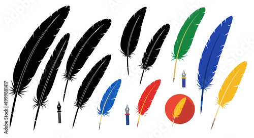 Quill Pens and Inkwells Collection: Vintage Writing Instruments, Isolated on White