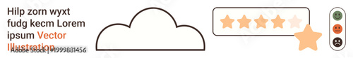 Customer satisfaction, user reviews, ratings, feedback systems, data evaluation, service quality. A cloud icon, five-star rating scale and emoticons. Customer satisfaction and user reviews concept