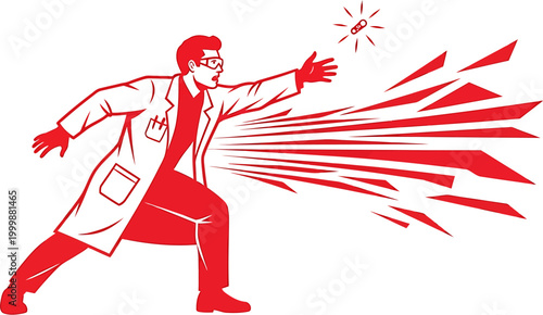 Vibrant graphic of a scientist intensely reaching for a glowing capsule, symbolizing a powerful medical breakthrough, scientific discovery, or innovative treatment