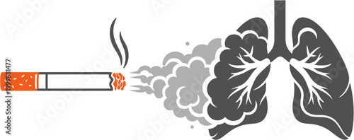 Graphic representation of a cigarette emitting smoke that forms into the shape of damaged lungs, symbolizing the harmful effects of smoking on respiratory health and the body