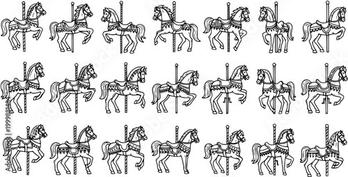 Black and White Line Art Carousel Horses on Poles, Vector Illustration
