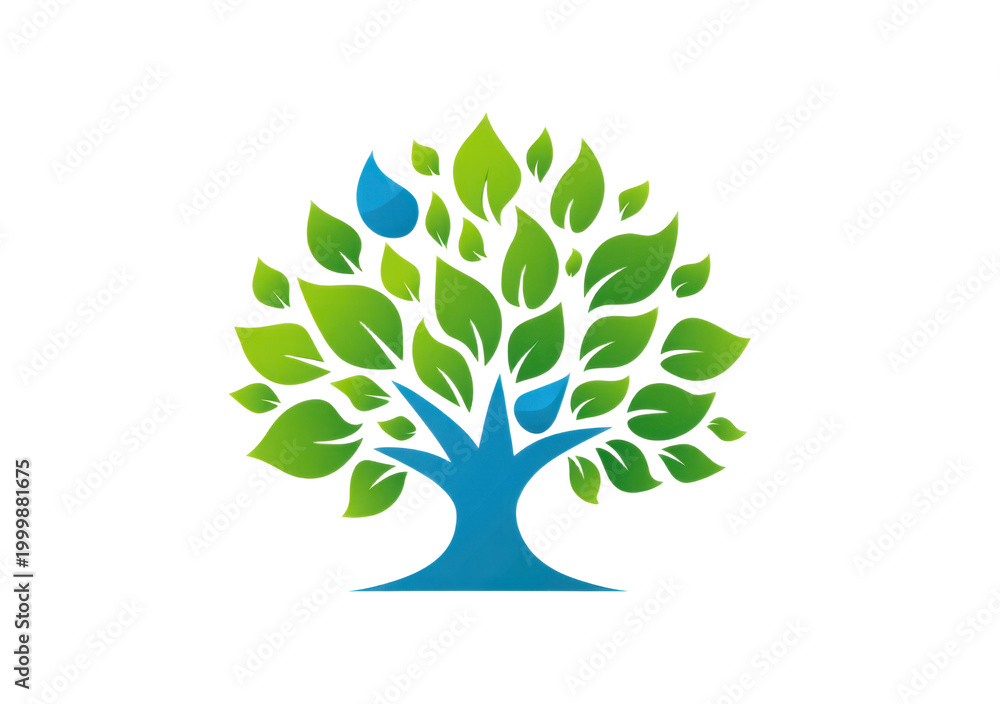 Obraz premium Stylized green tree with blue water droplet accents representing nature and environmental conservation