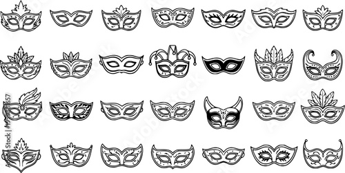 Carnival and Masquerade Party Black and White Line Art Masks Vector Set. Hand-drawn Outline Costume Eye Mask Doodles for Celebration, Event, and Entertainment Designs.